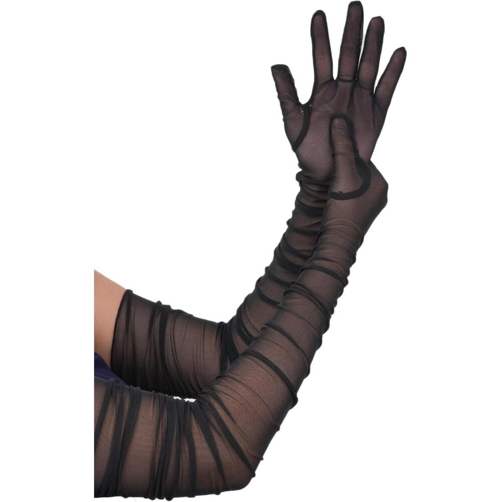 Women's Black Tulle Mesh Satin Long Sheer Gloves Wedding Opera Party Prom - Picture 4 of 7